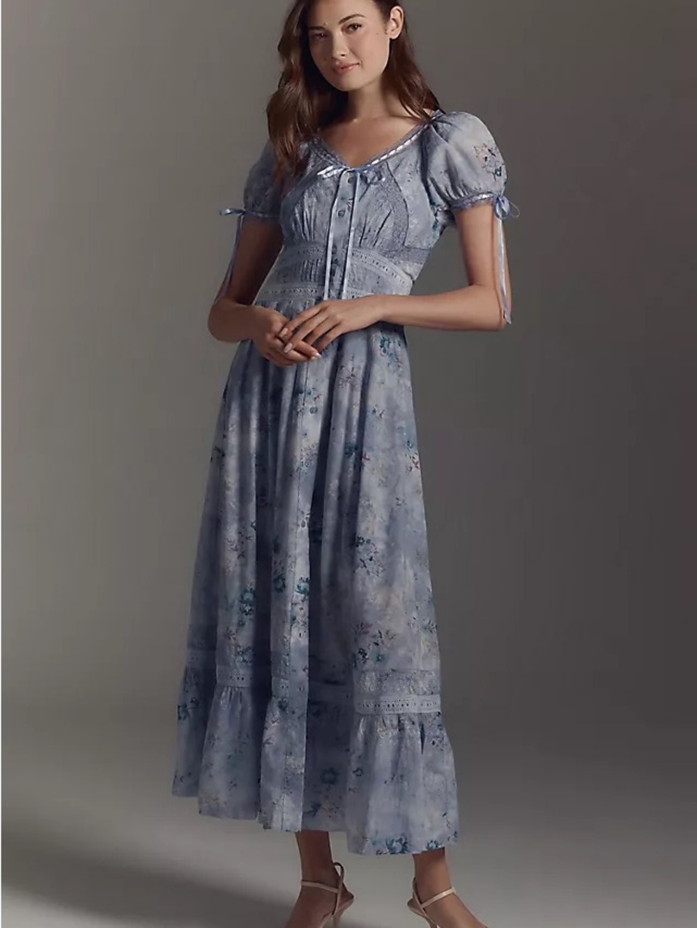 Anthropologie Lace Trim Floral Maxi Dress Large NWT Blue Cottagecore